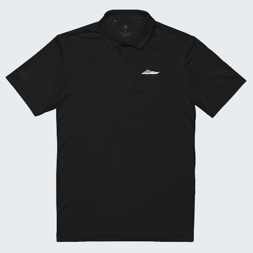 Black polo shirt with a small white logo on a white background