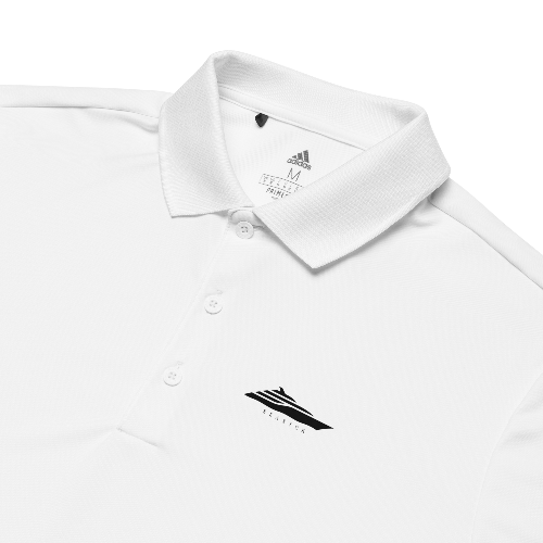 White Adidas polo shirt with a black logo on a white background