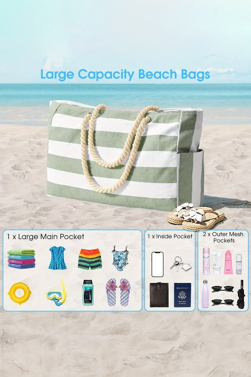 Large Striped Rope Handle Canvas Tote Bag