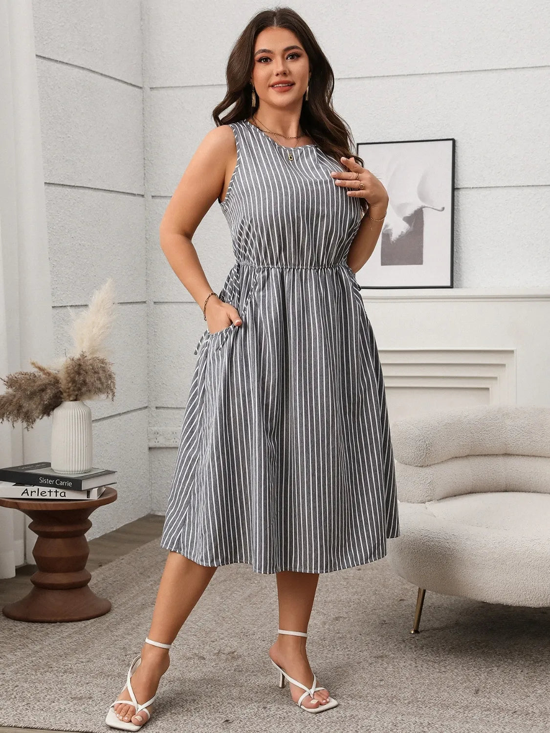 Plus Size Striped Round Neck Sleeveless Dress