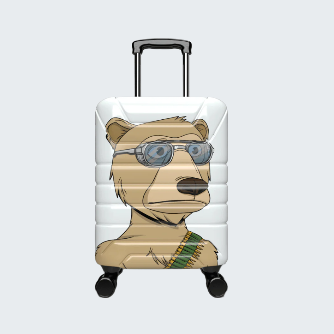 Suitcase with a bear design wearing sunglasses on a white background
