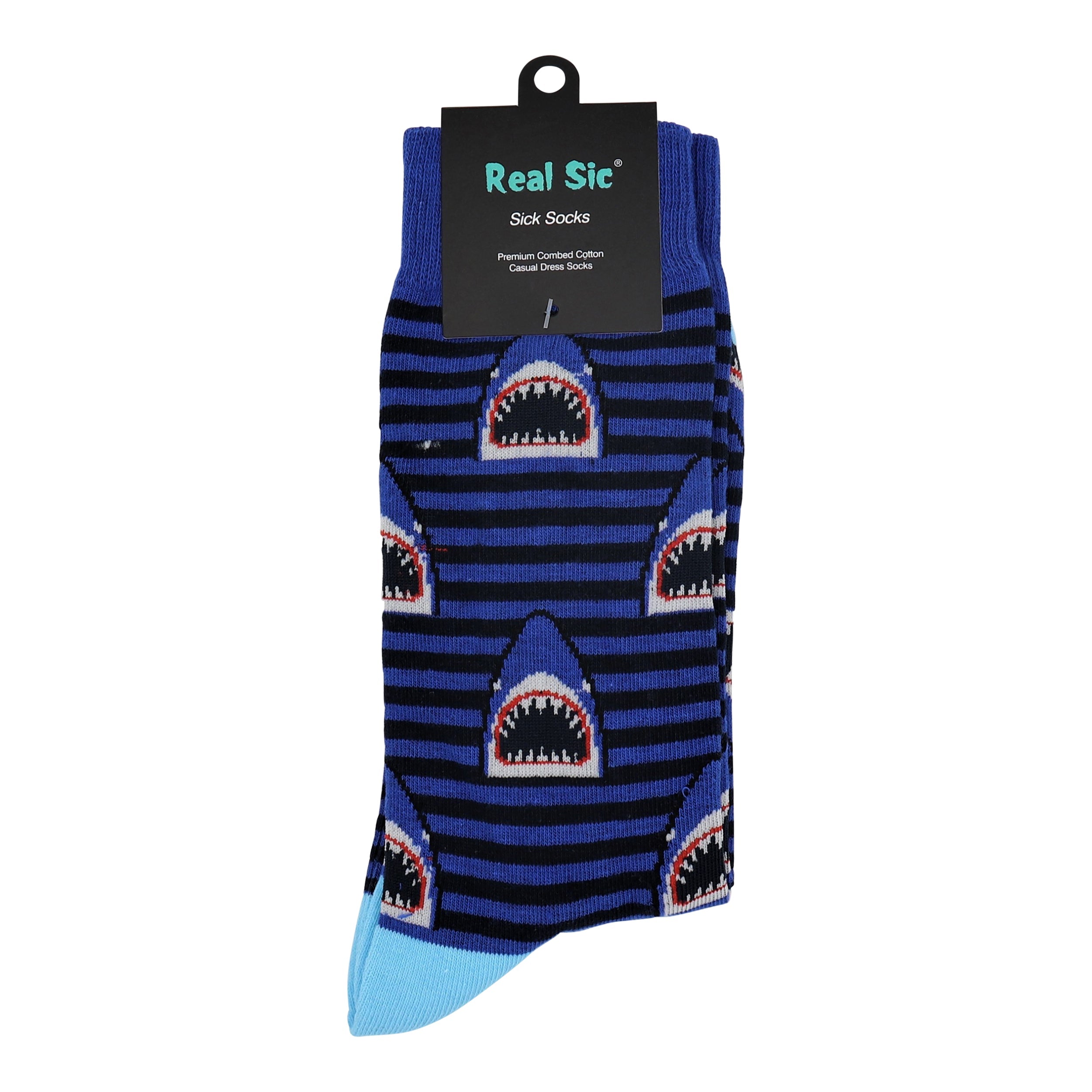 Blue and black striped socks with shark design on a white background