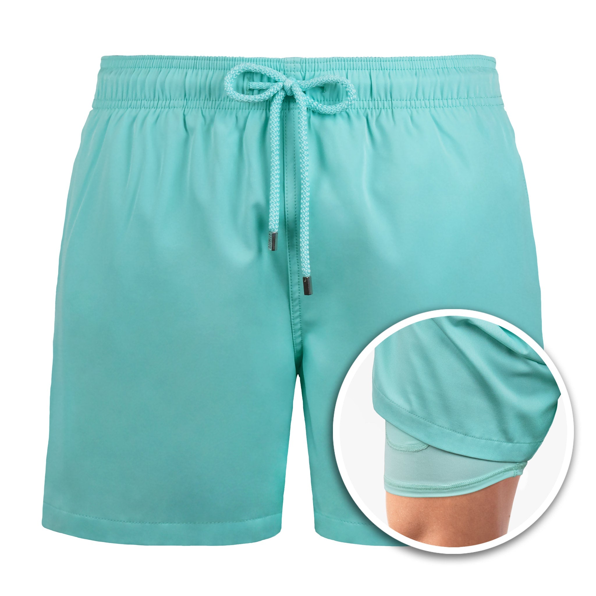 Turquoise shorts with drawstring on a white background
