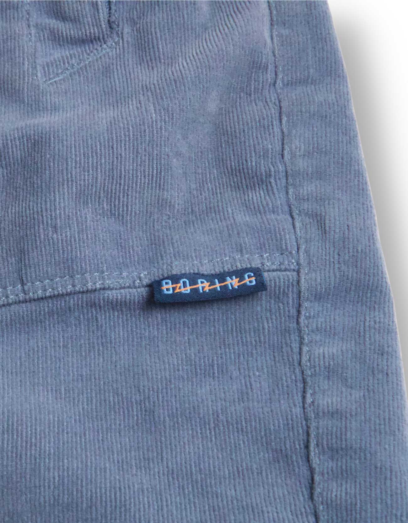 Close-up of a blue corduroy pants with a brand label on a white background