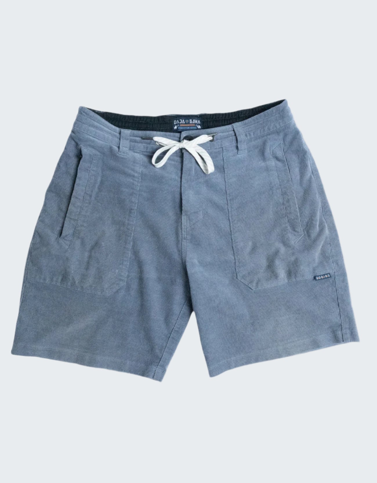 Blue shorts with a drawstring on a white background