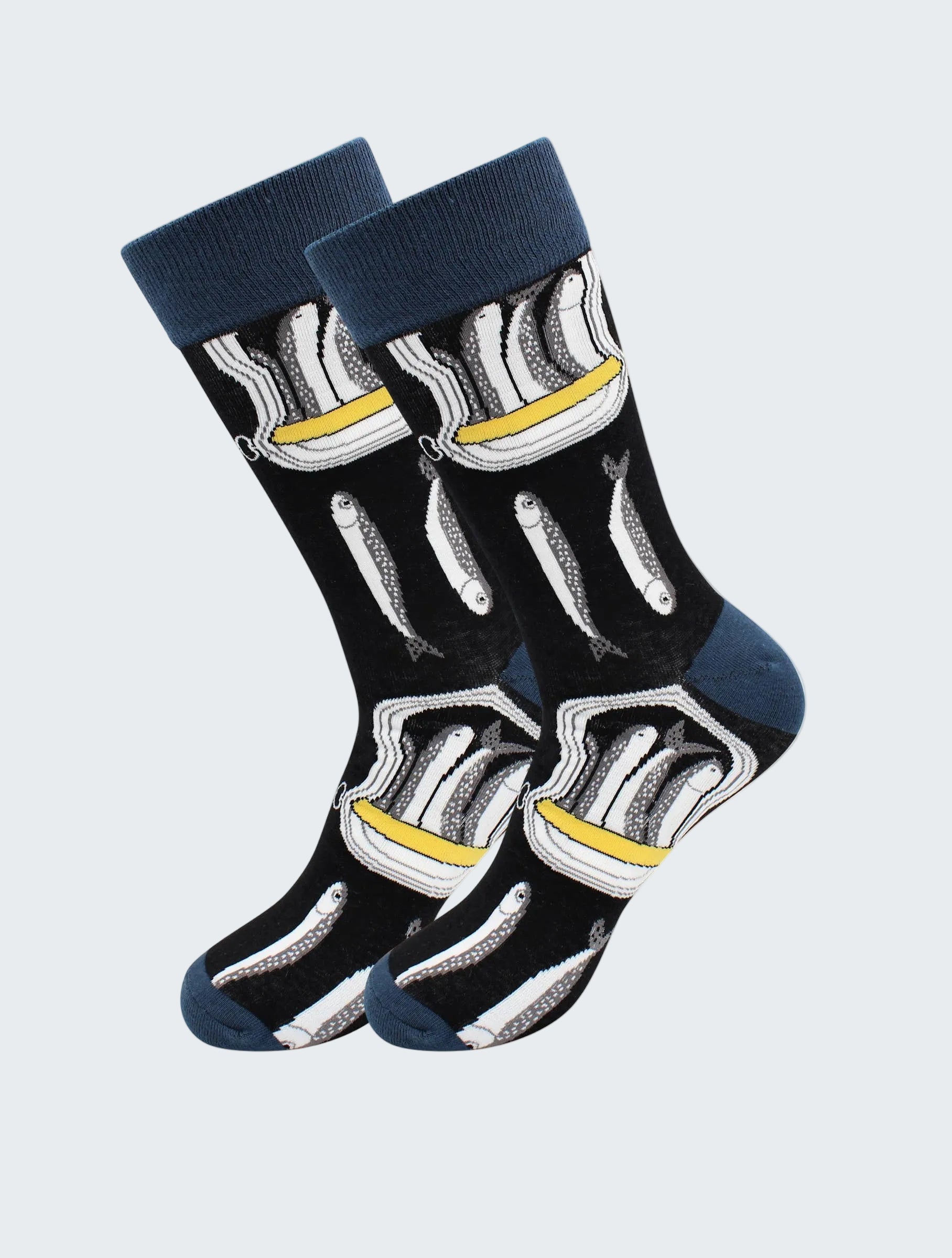 Pair of socks with skeleton design on a white background