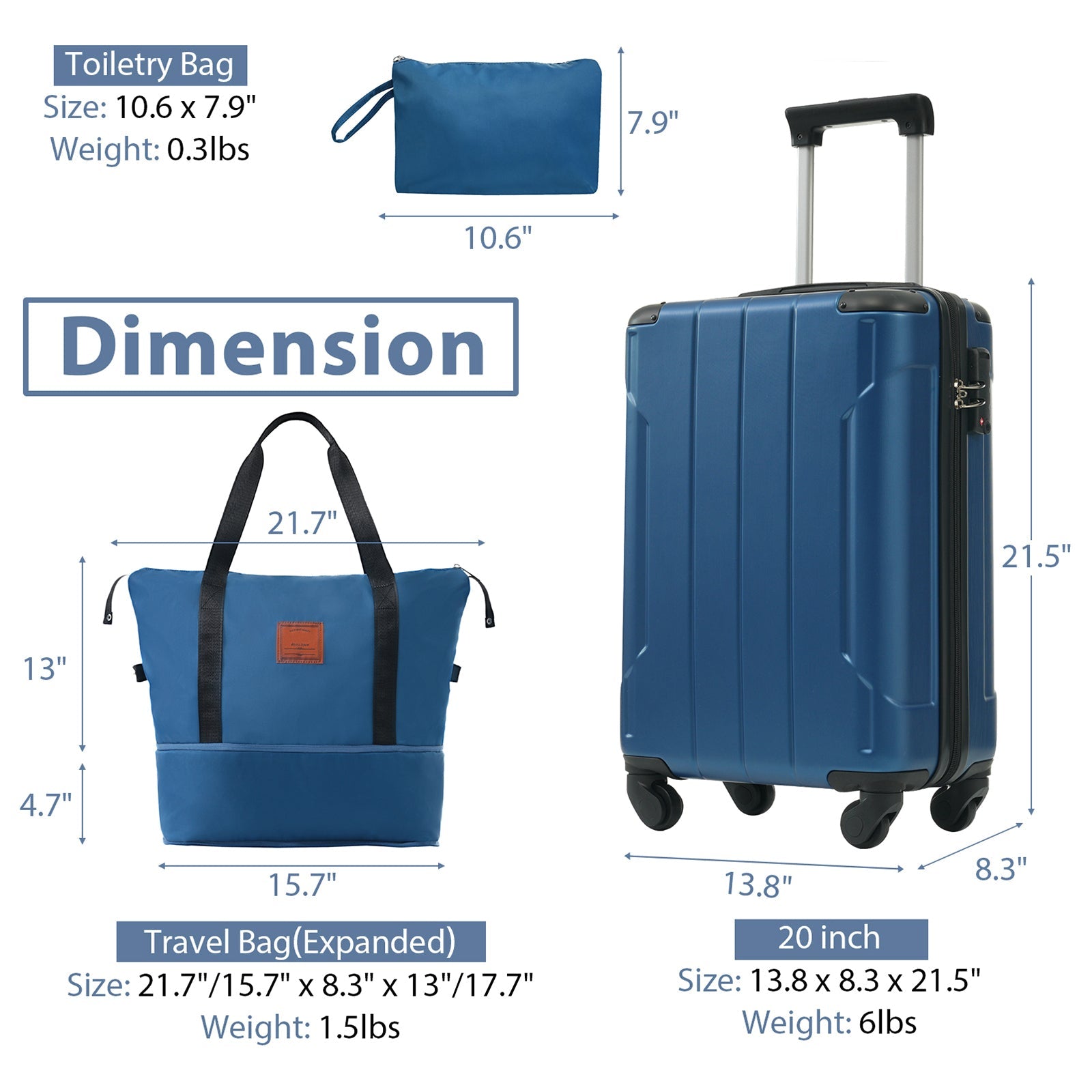 Blue Hardshell Luggage Sets Three Piece Carry-on Suitcases with Wheels