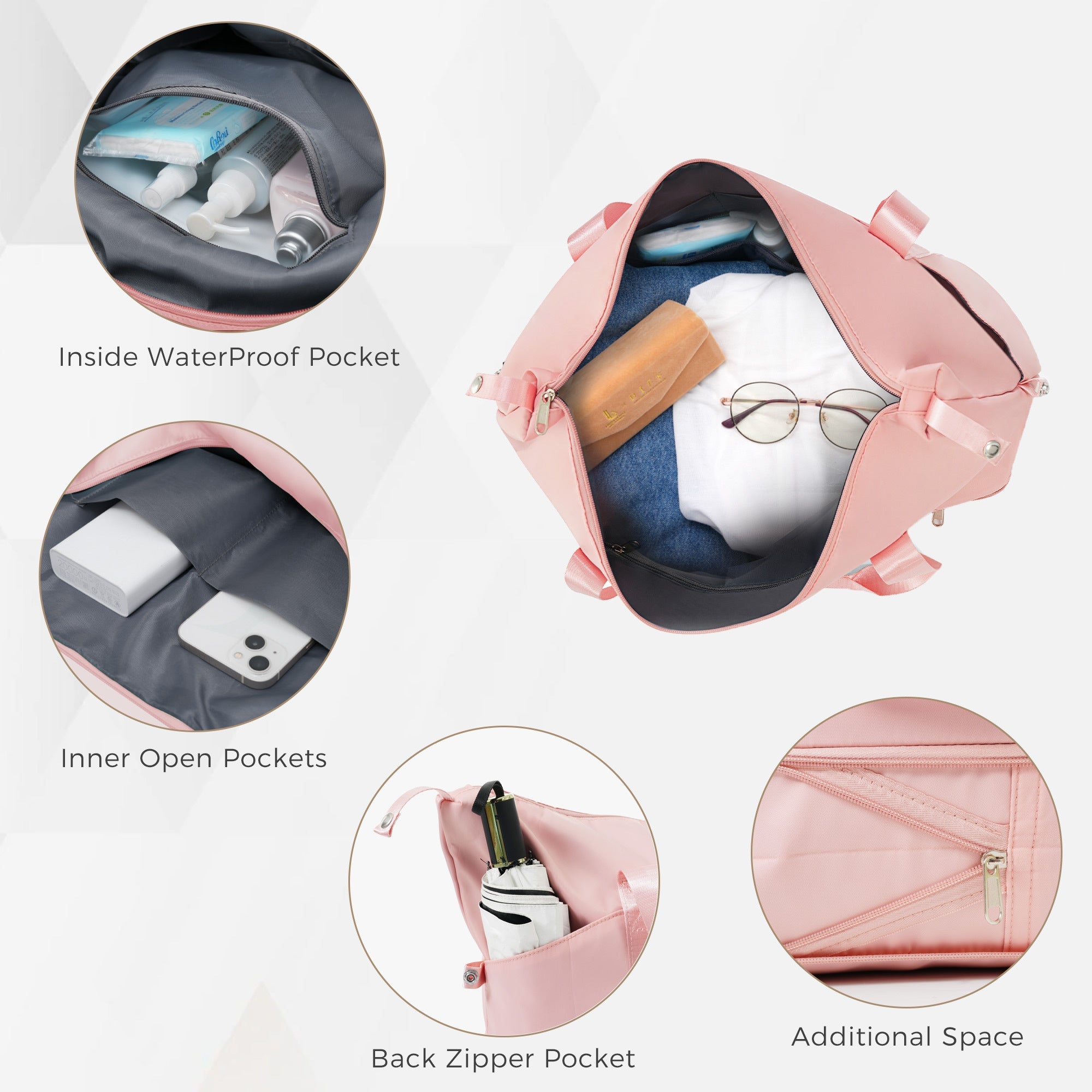 Pink Five Piece Luggage Set with Expandable Travel Bag 