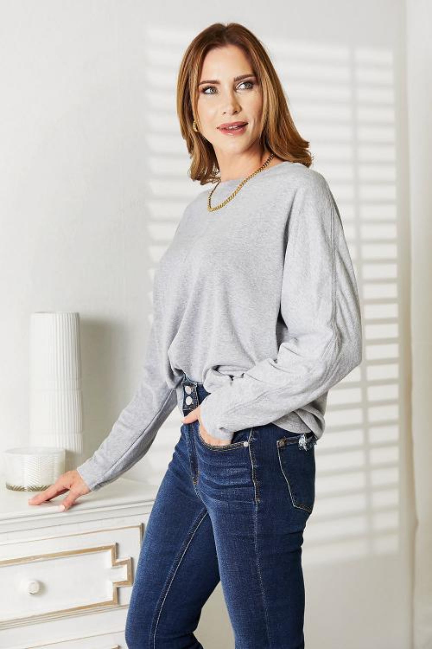 Double Take Seam Detail Round Neck Long Sleeve Top