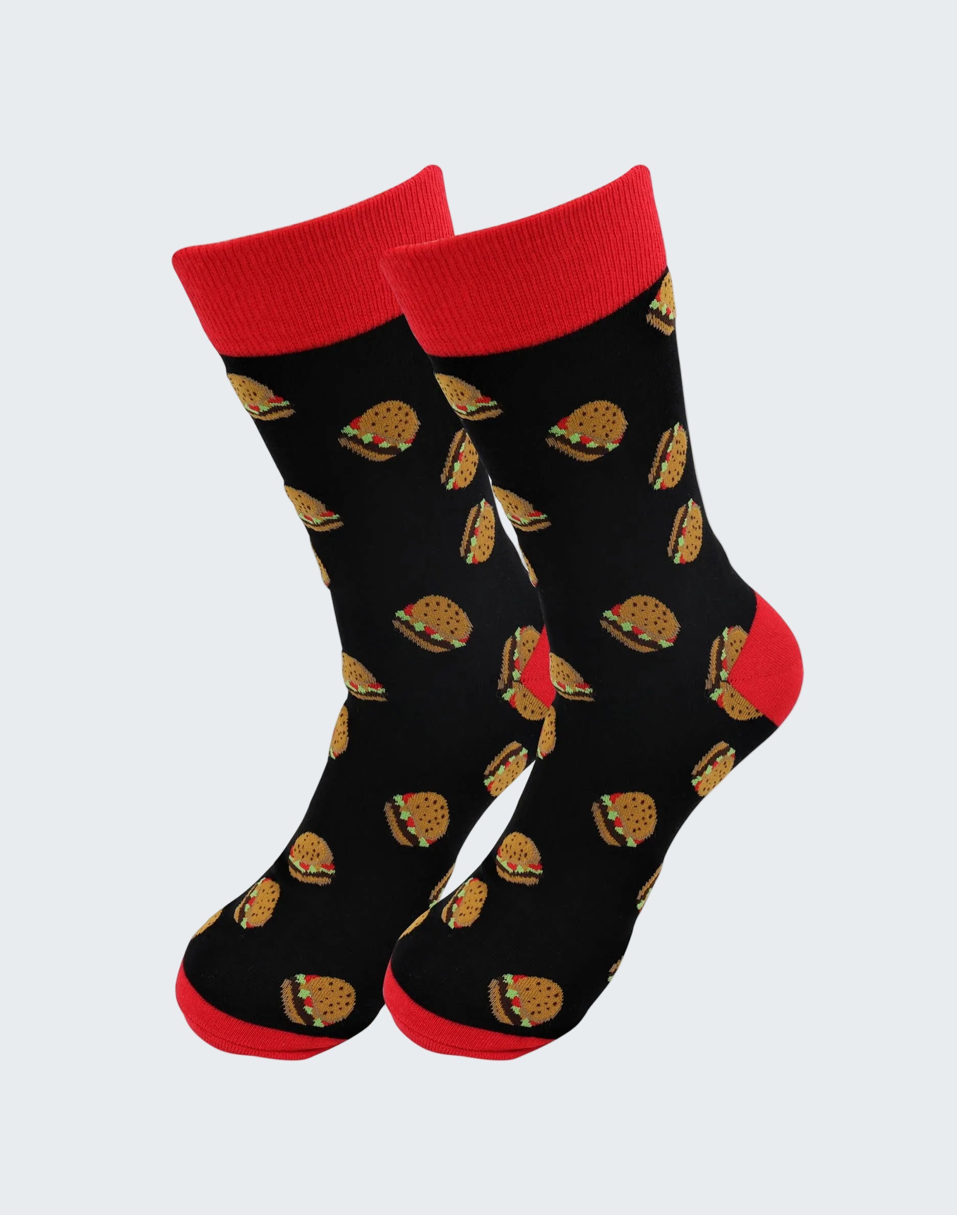 Black socks with burger pattern and red cuffs and toes on a white background