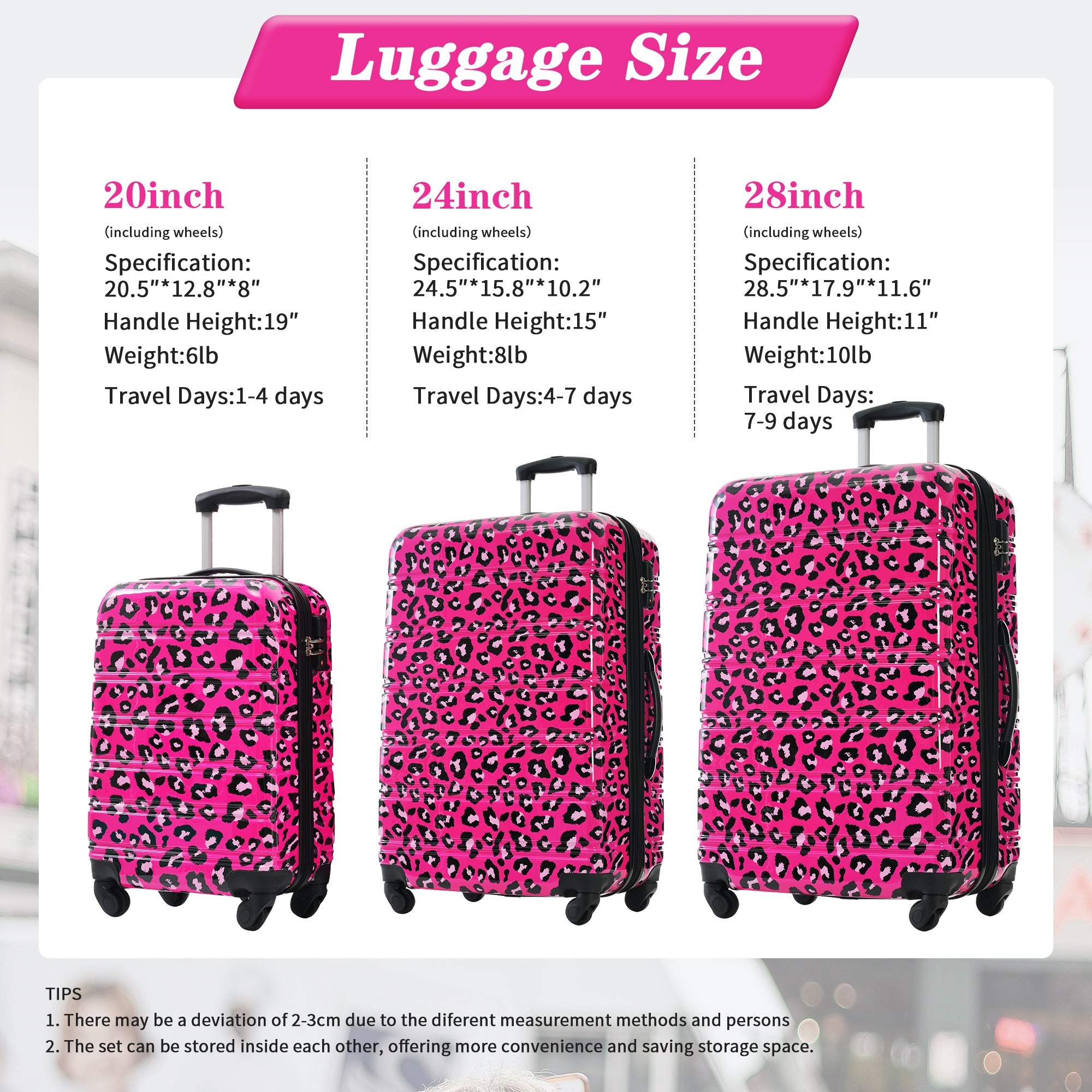 Hot Pink Three Piece Hardshell Luggage Set with TSA Lock 