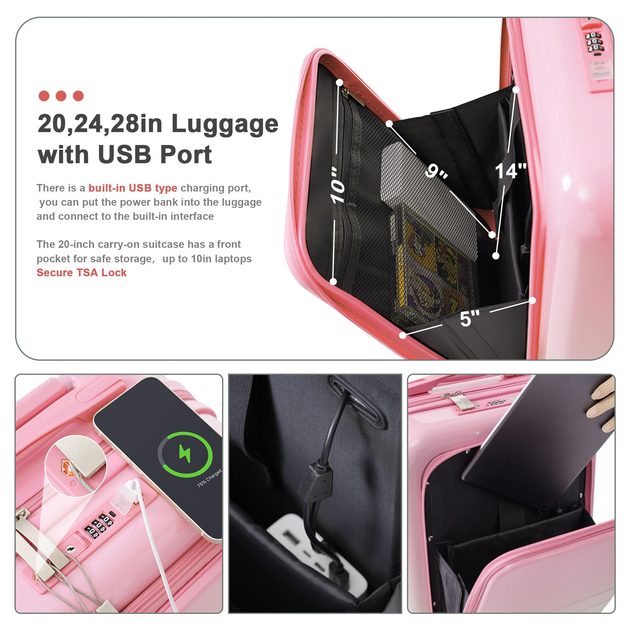 Three Piece Pink Luggage Set with USB Port