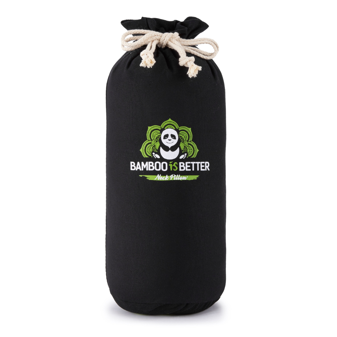 Black drawstring bag with 'Bamboo is Better' logo on a white background