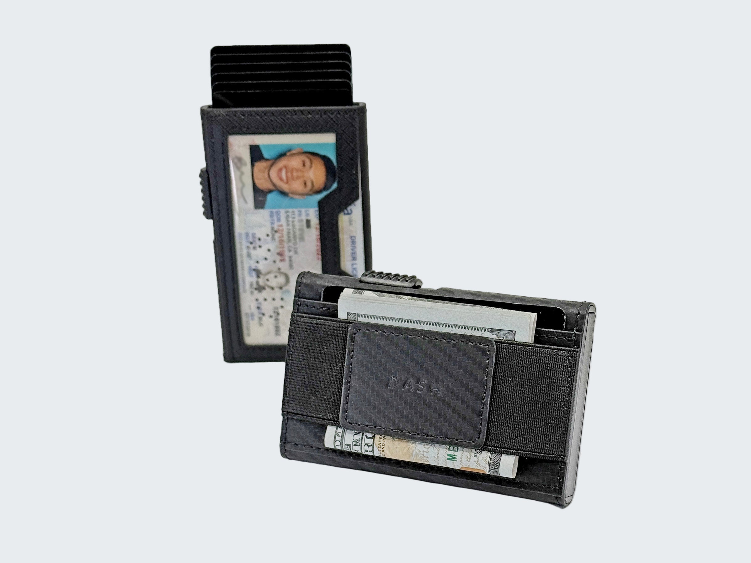 Carbon fiber wallet with card slots and cash pocket on a white background