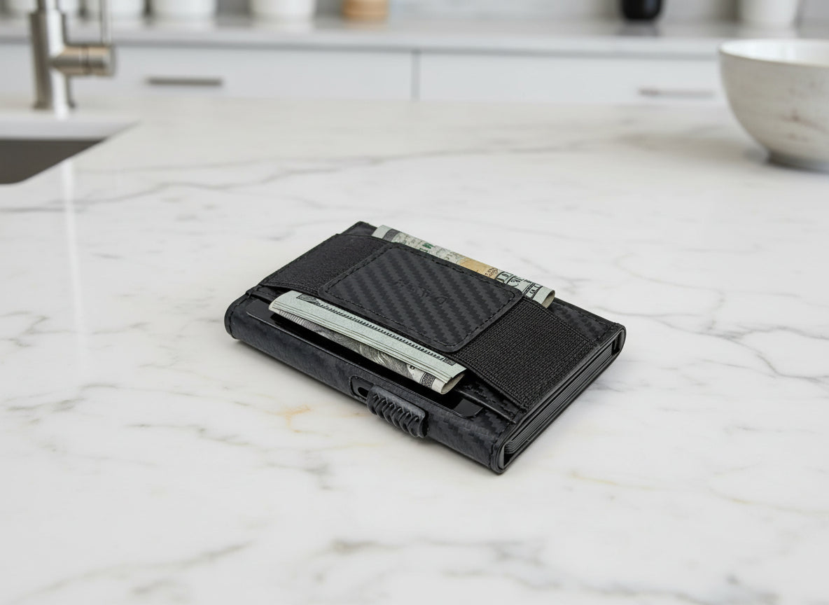 Black wallet with money clip on a light gray background