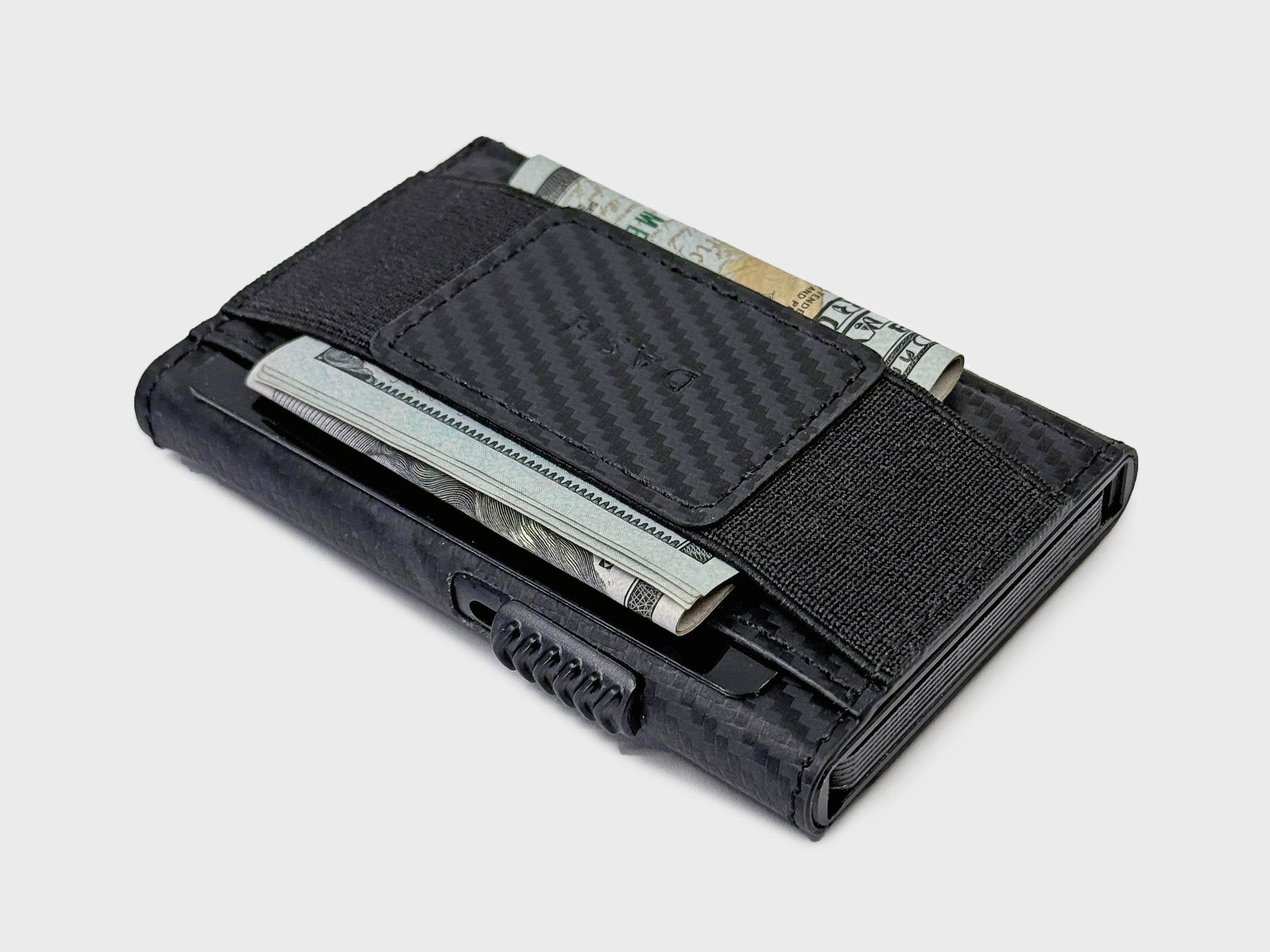 Black wallet with money clip on a light gray background