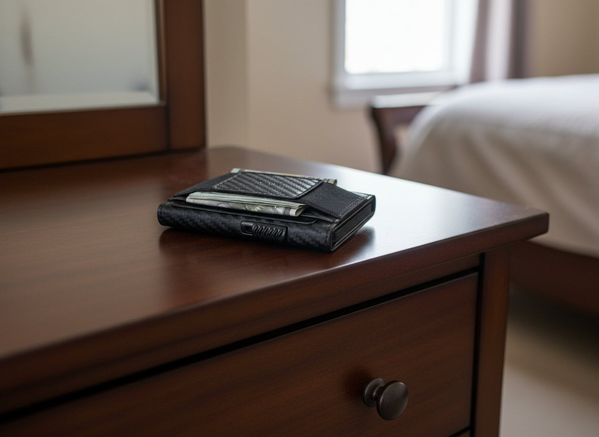 Black wallet with money clip on a light gray background