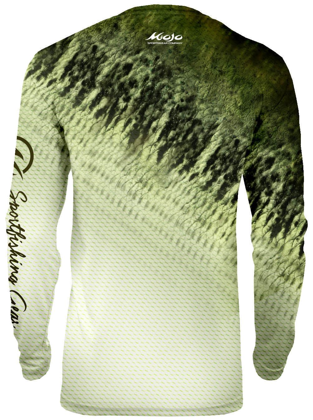 Long-sleeve shirt with gradient design and branding on a white background