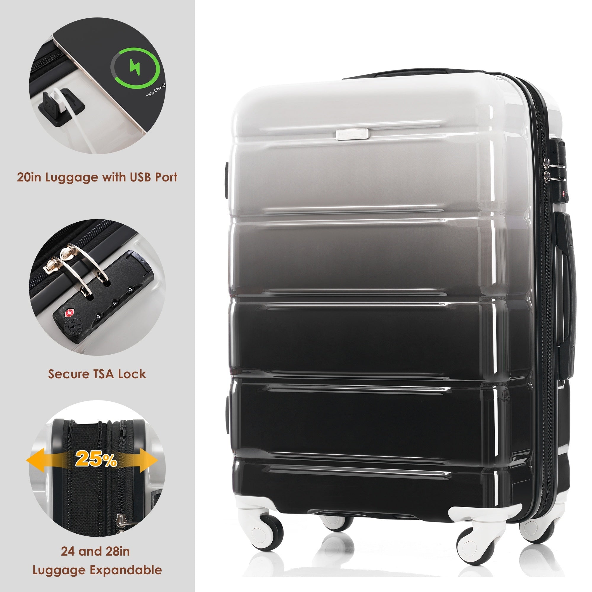 Black Airline Certified Carry-on Luggage with Cup Holder with Hard Shell Luggage with Spinner