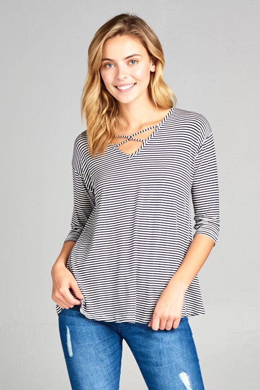 Stripe Jersey Lace Up Neck Top