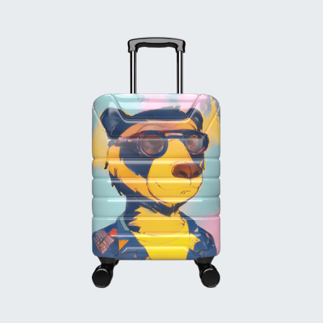 Colorful suitcase with a bear design wearing sunglasses on a black background