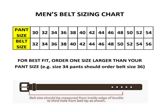 Men's belt sizing chart with measurements for pants and belts.