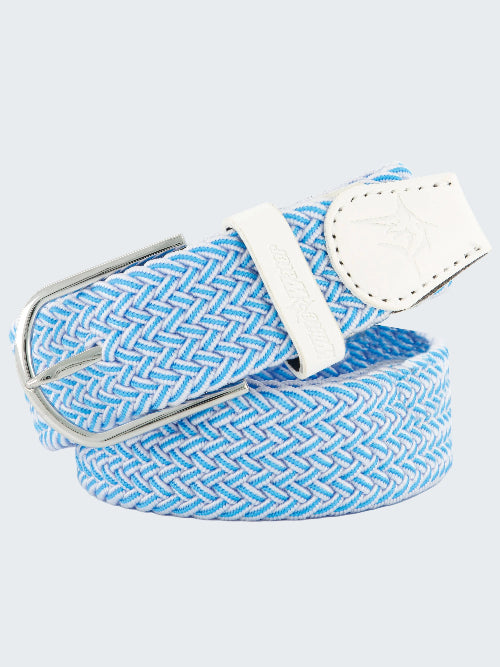 Blue woven belt with a white buckle on a white background