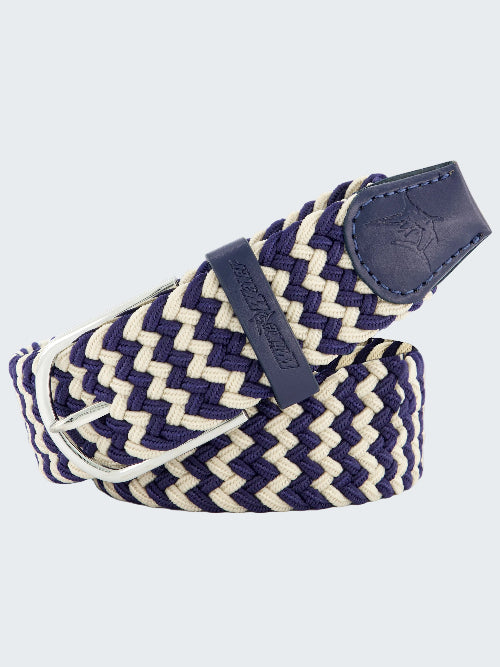 Navy and white chevron patterned belt with a navy buckle on a white background