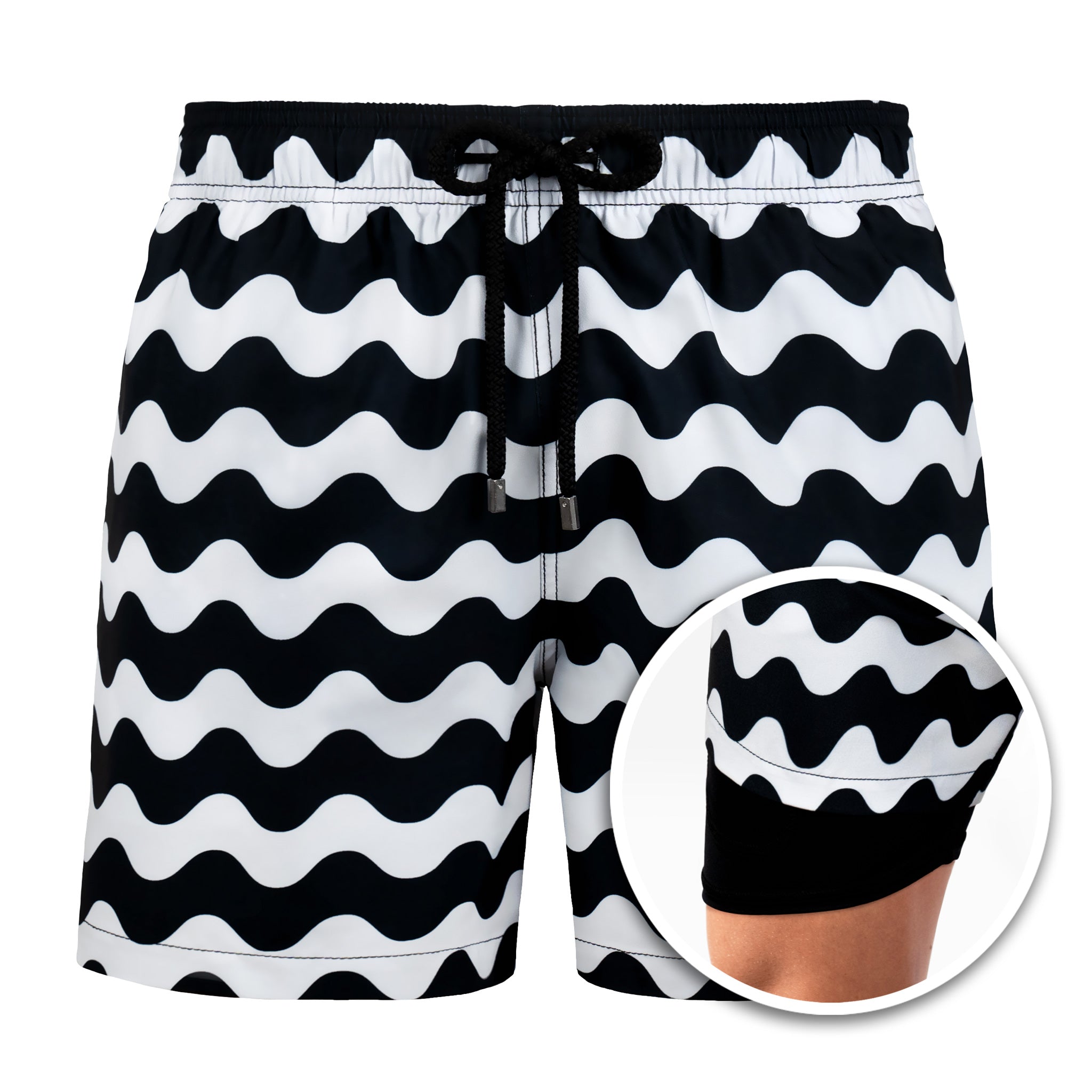 Black and white wavy patterned shorts with a close-up inset on a white background