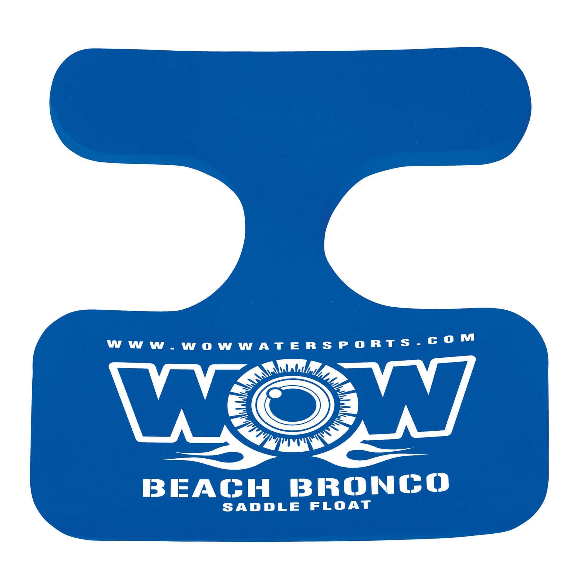 Blue saddle float with WOW Watersports logo on a white background