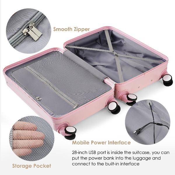 Pink Luggage Set of Three with USB Port with Open Front