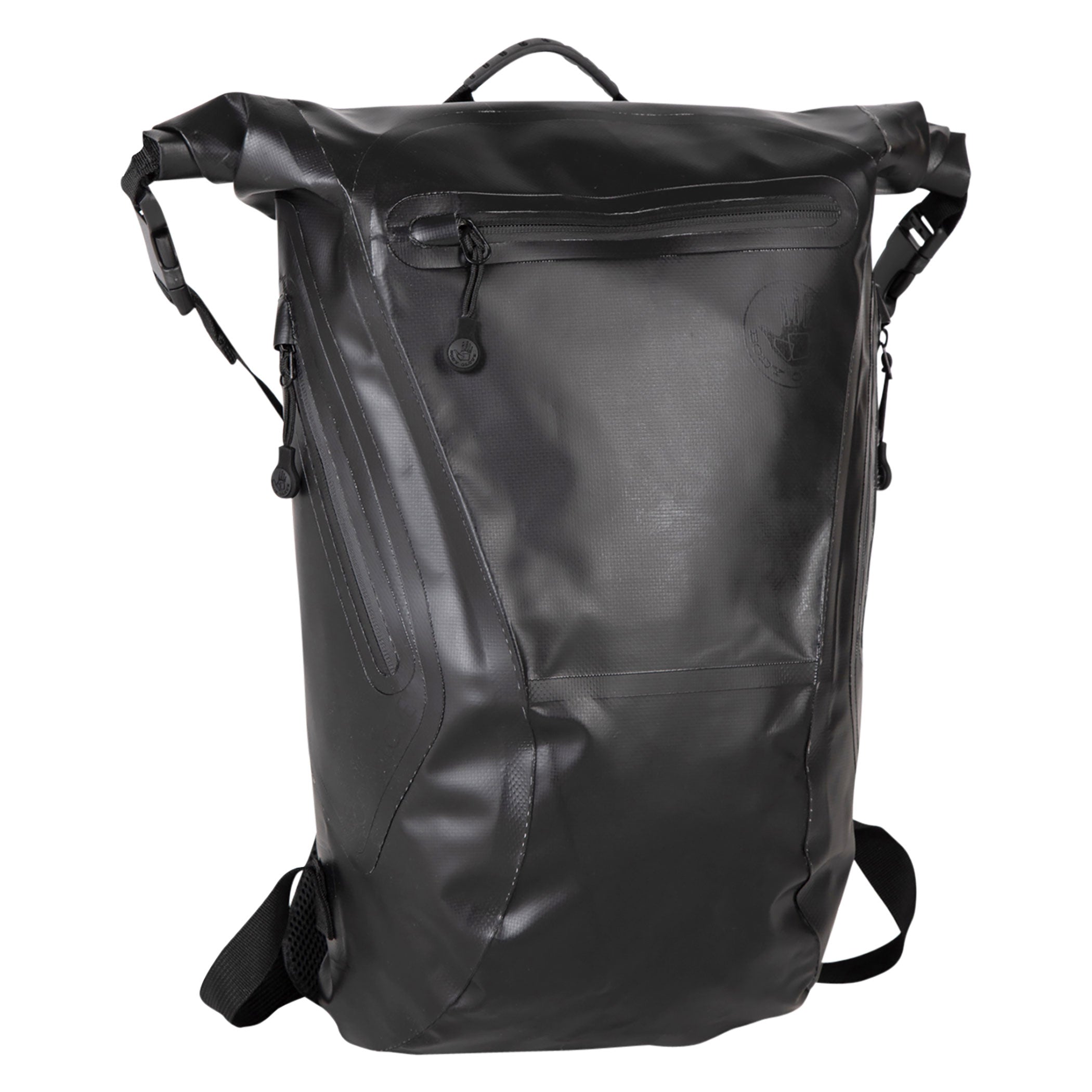 Black roll-top backpack on a white background