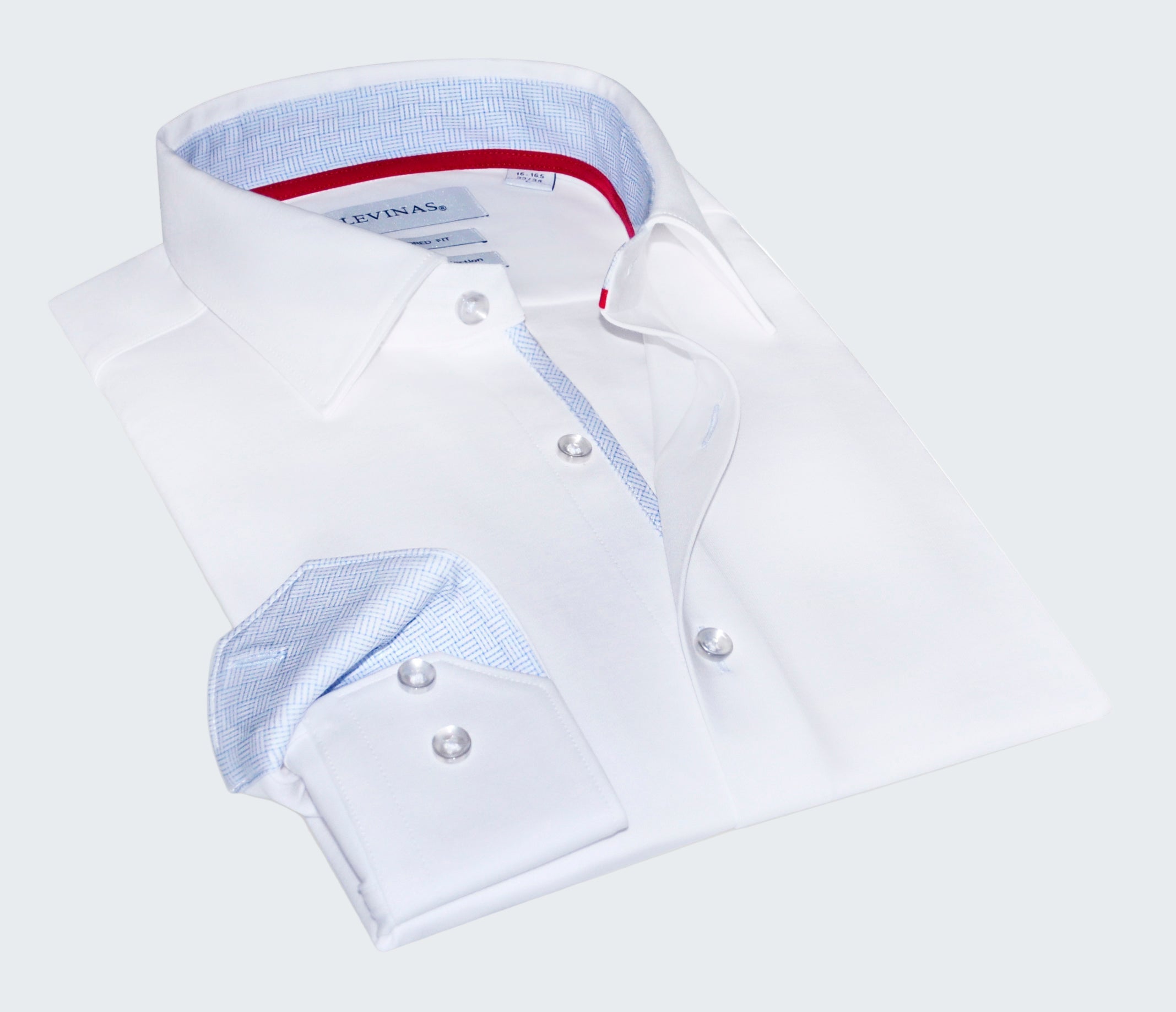 White dress shirt with light blue inner lining on a white background