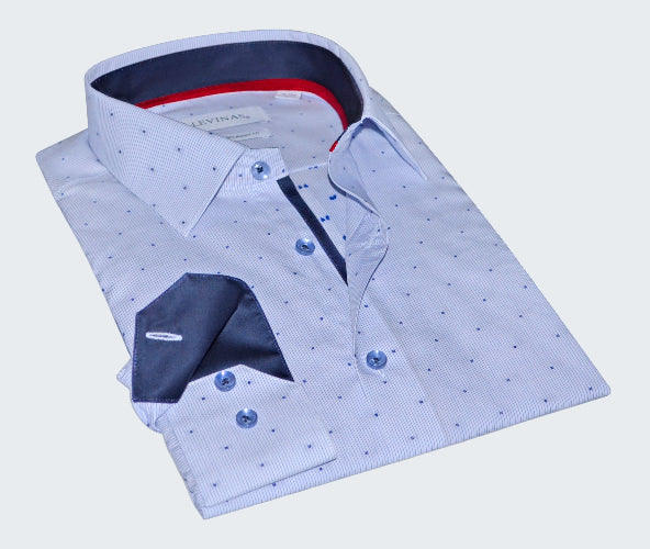 Folded light blue dress shirt with white pattern on a white background