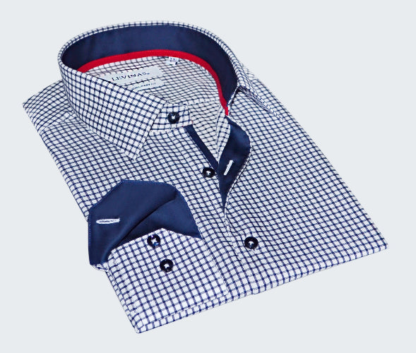 Folded blue and white checkered shirt with a red lining on a white background