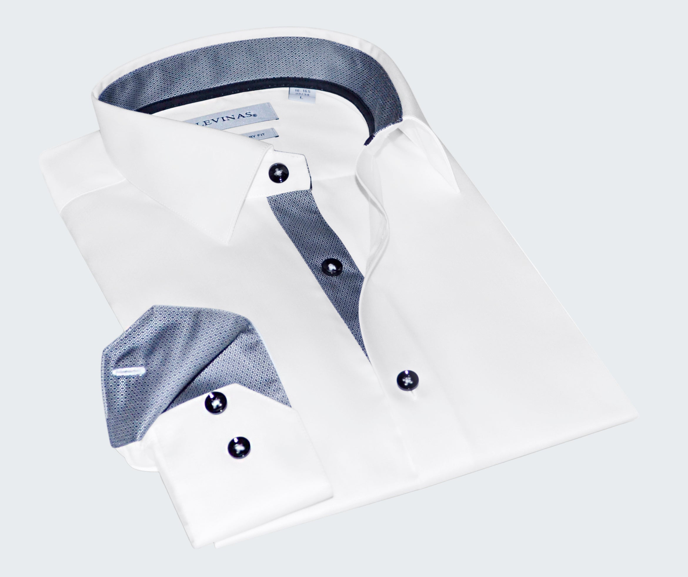 White dress shirt with blue trim on a white background