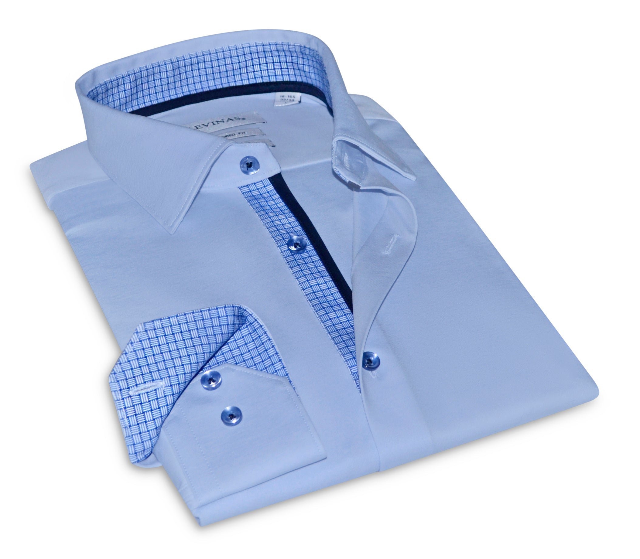 Folded light blue dress shirt with checkered interior on a white background