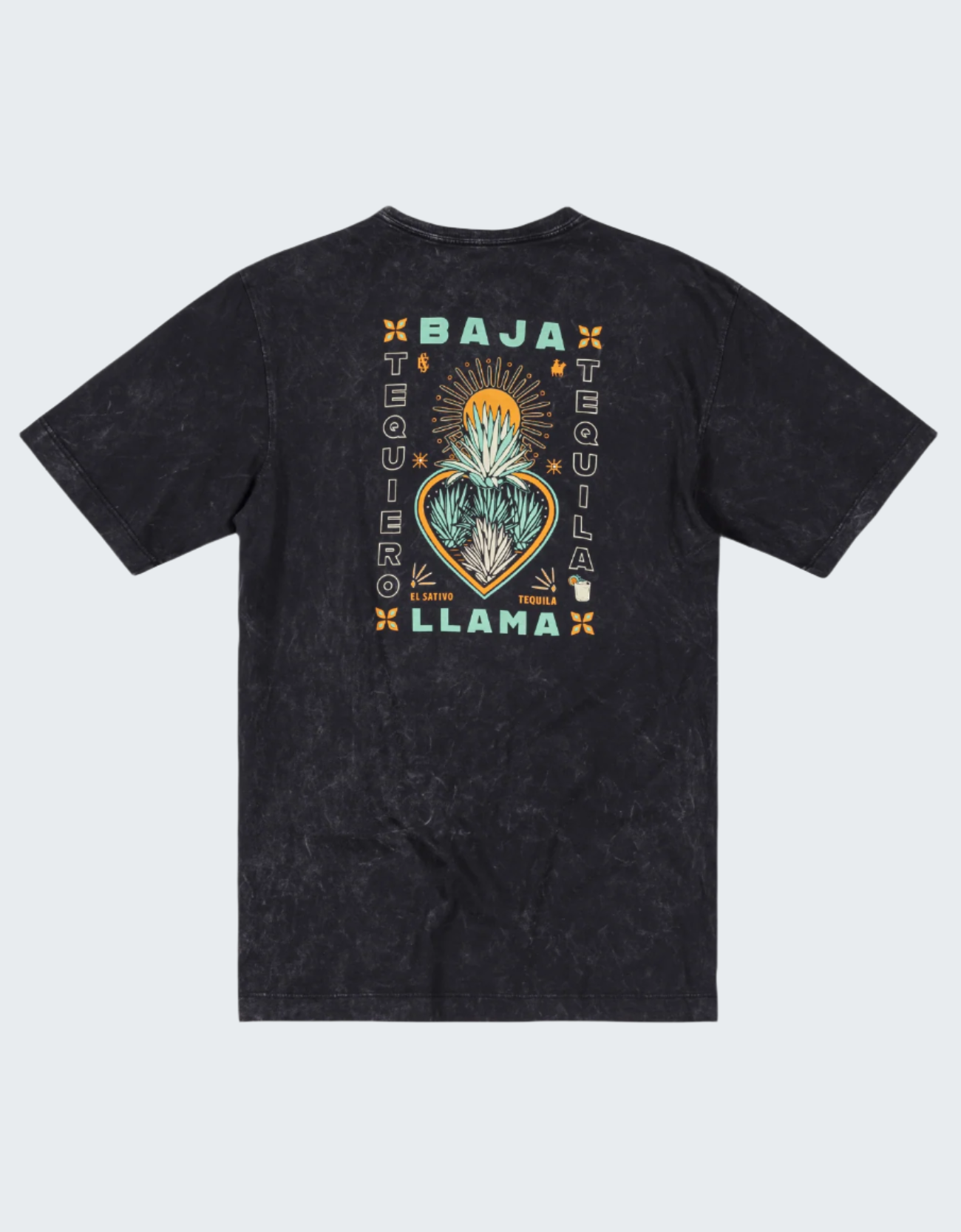 Black t-shirt with colorful graphic design on the back on a white background