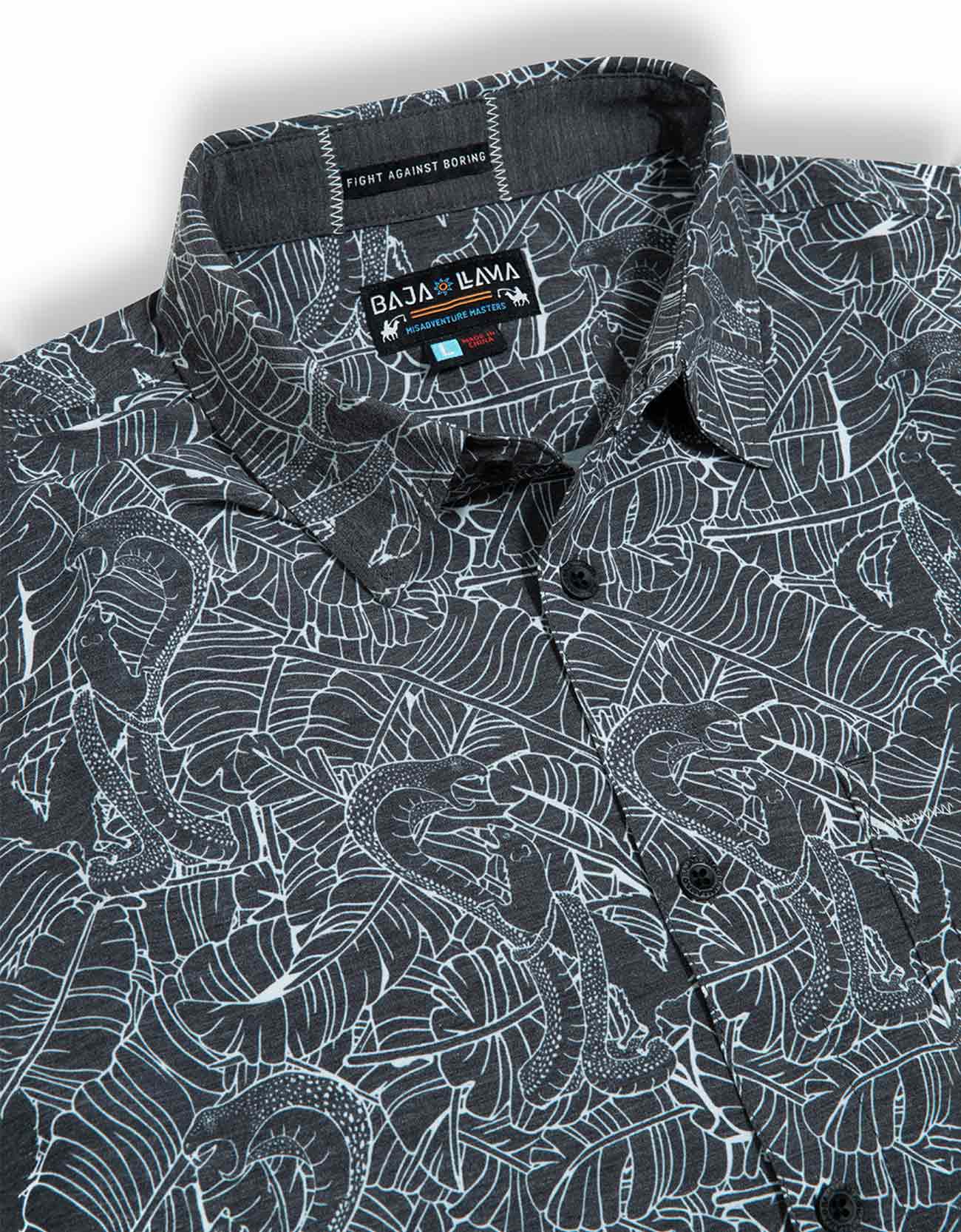Gray patterned shirt with a brand label on a white background