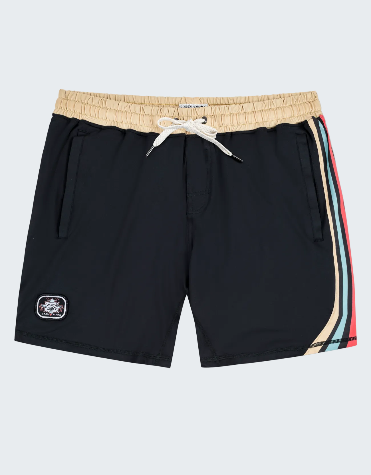 Black shorts with a colorful striped side panel on a white background