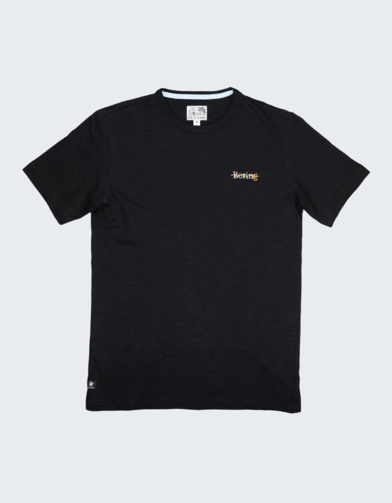 Black t-shirt with a small logo on a white background