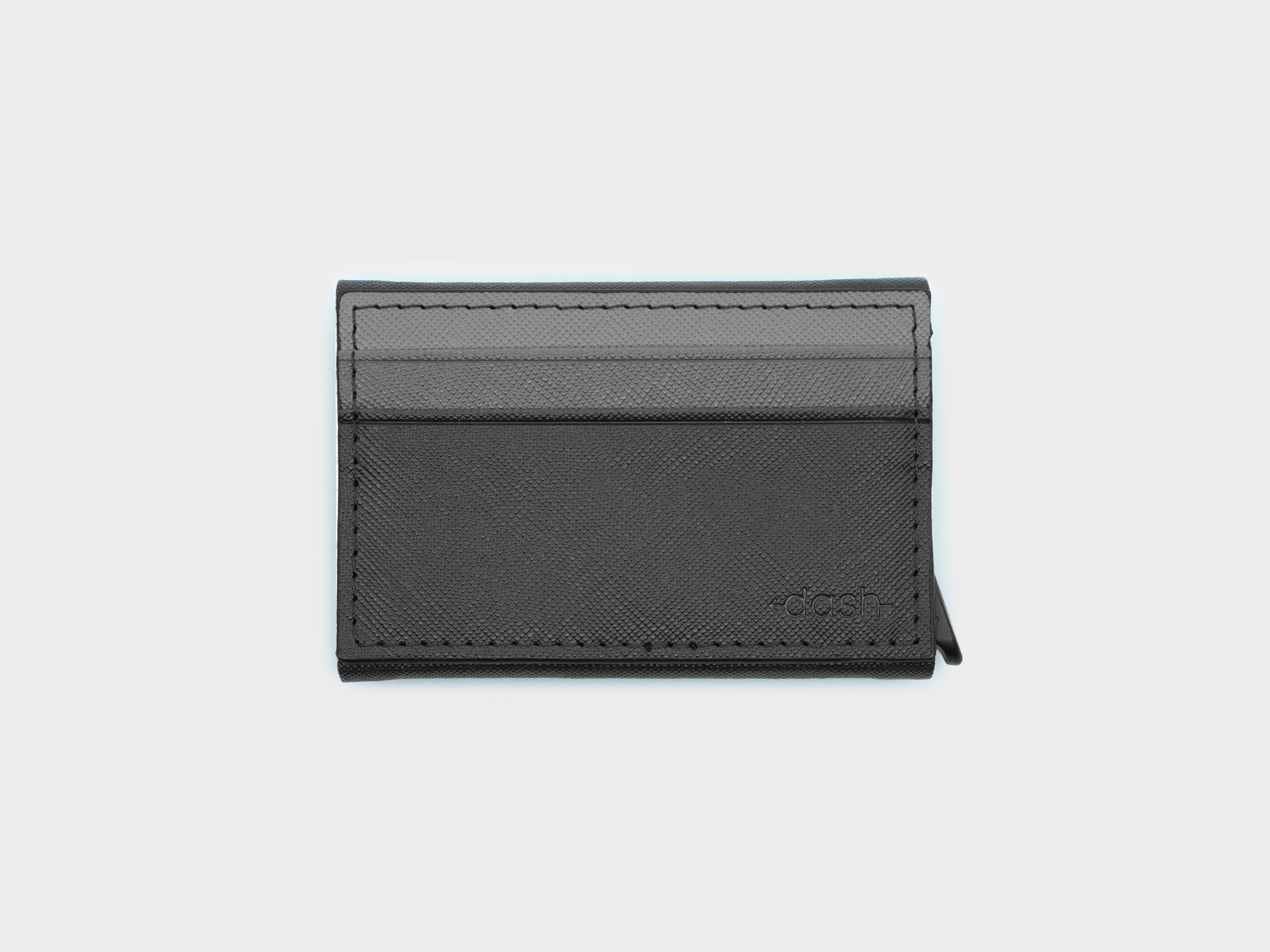 Black leather cardholder on a light gray background
