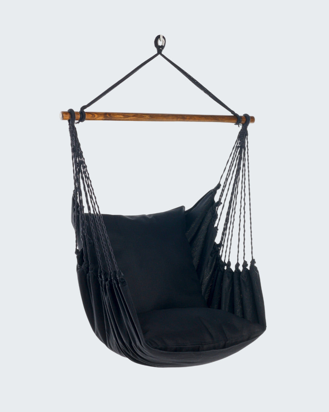 Black hammock chair with wooden frame on a white background