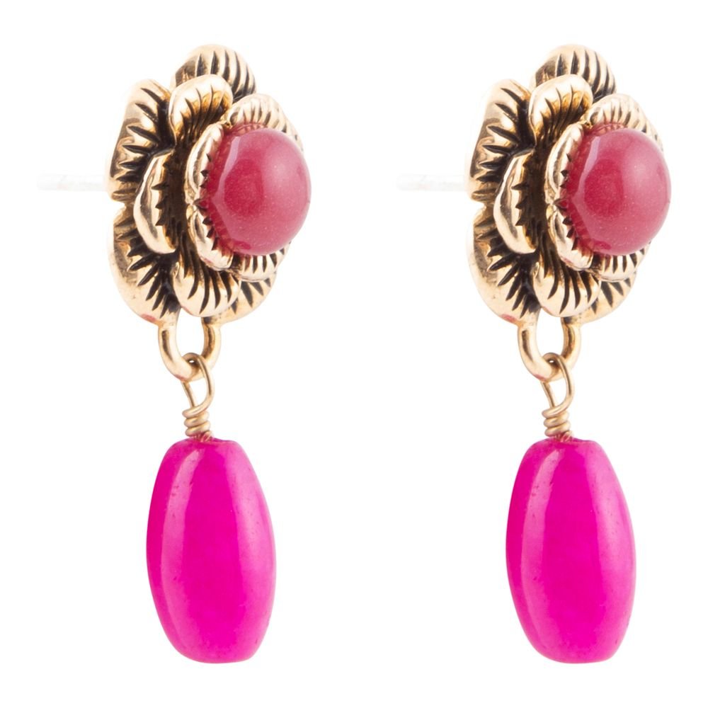 Pair of gold and pink earrings on a white background