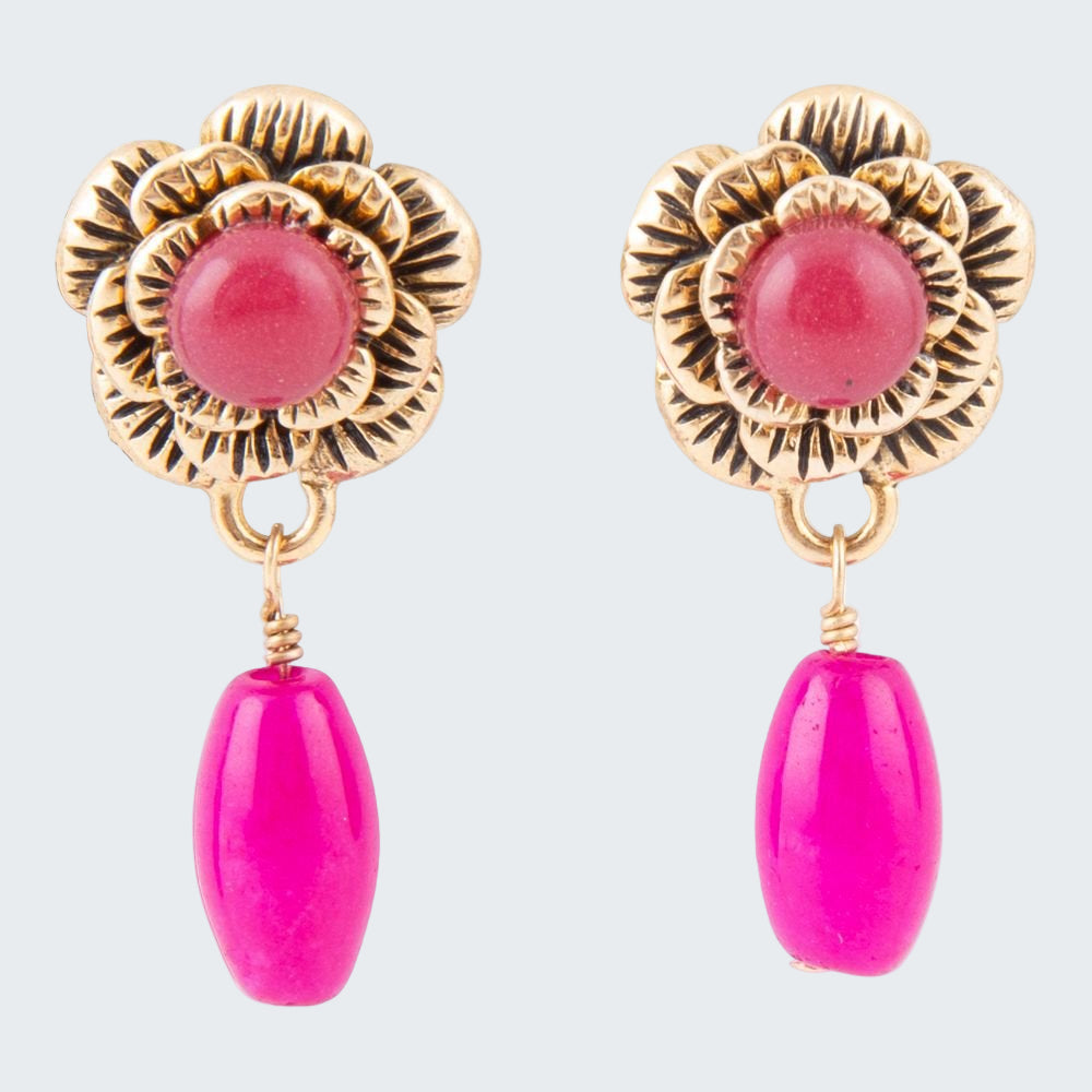 Pair of floral earrings with pink stones on a white background
