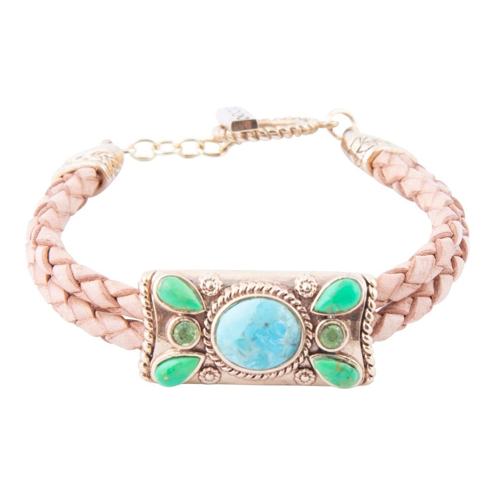 Bracelet with braided design and turquoise stone on a white background