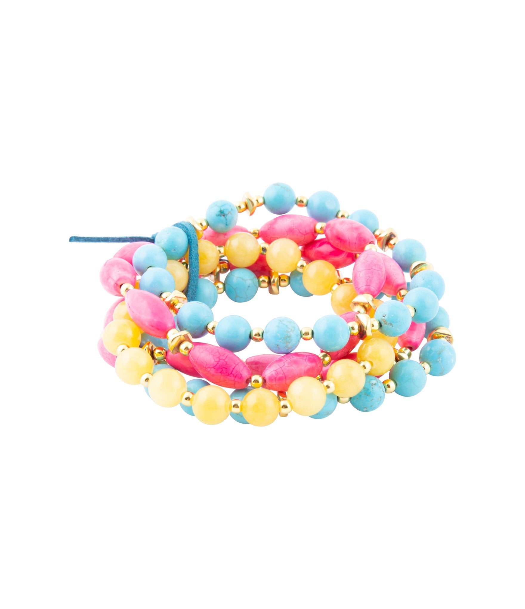 Colorful beaded bracelet with pink, yellow, and blue beads on a white background