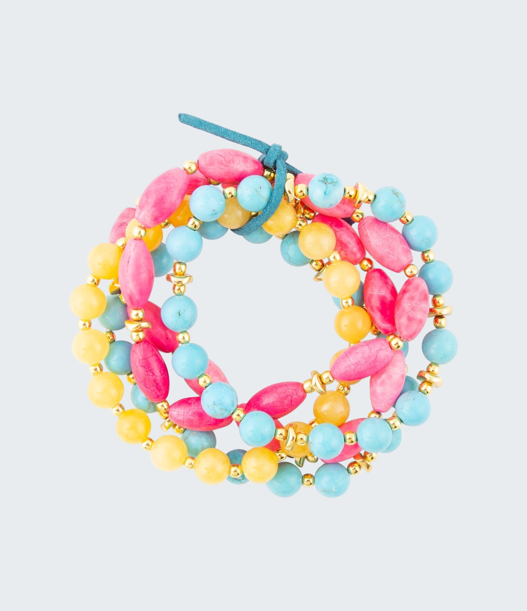 Colorful beaded bracelet with pink, yellow, and blue beads on a white background