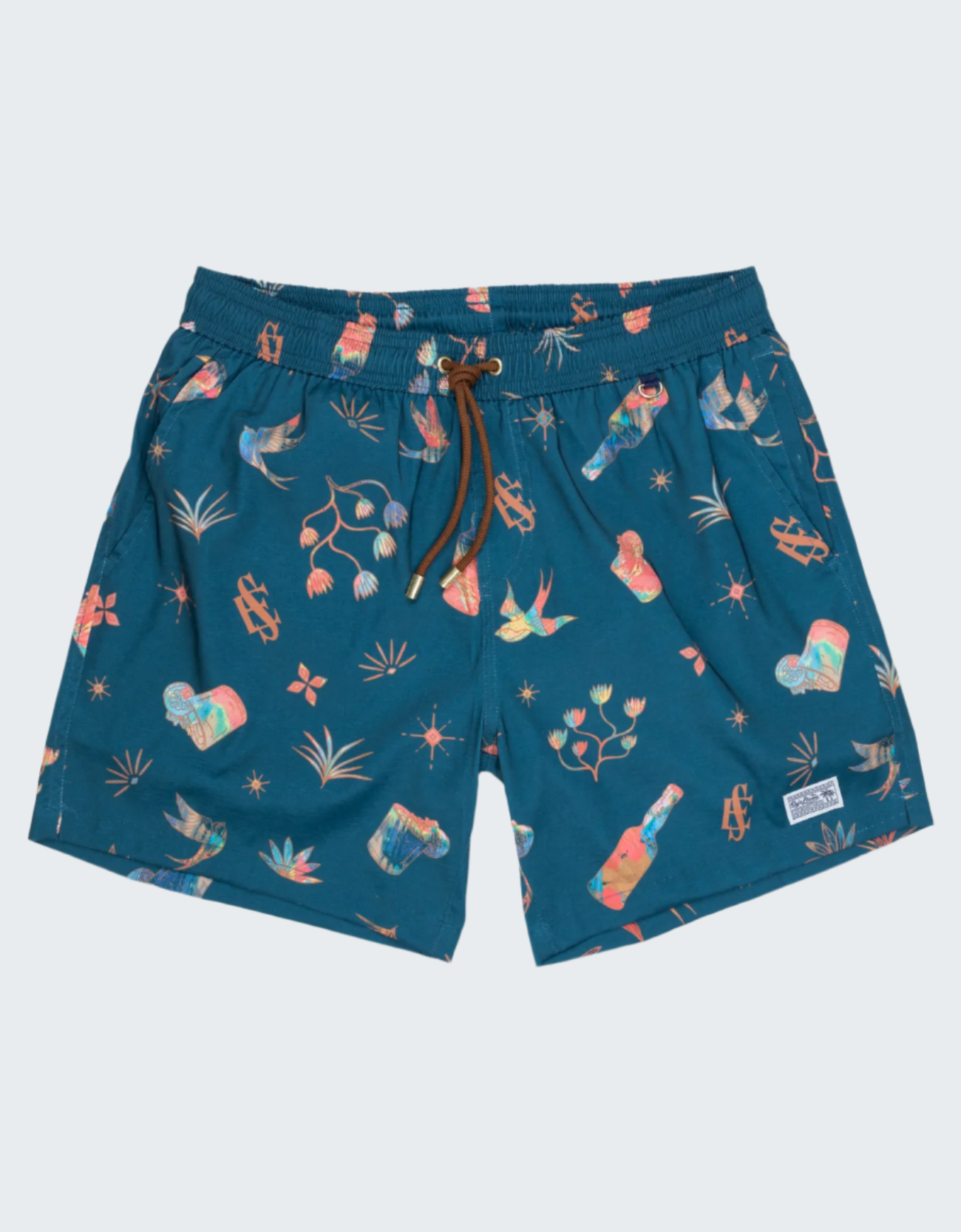 Blue swim shorts with colorful patterns on a white background
