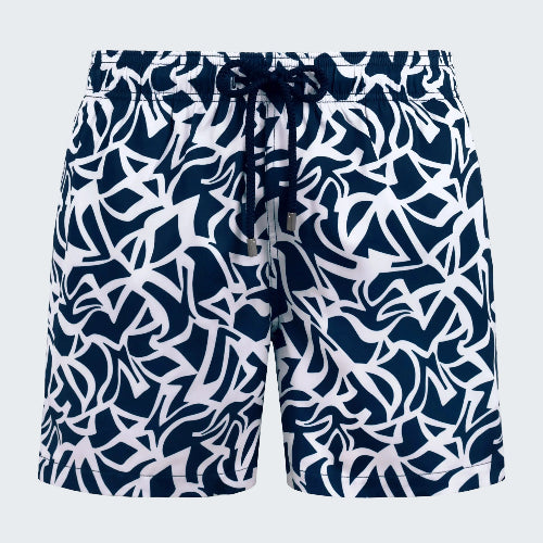 Navy blue shorts with white abstract pattern on a white background